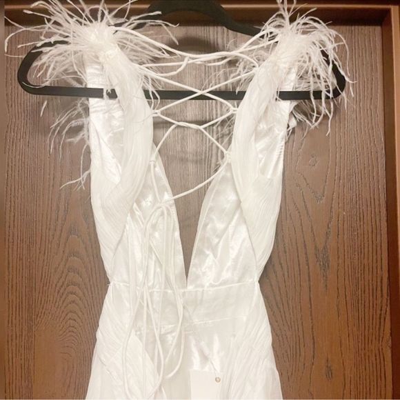 IEENA FOR MAC DUGGAL PLUNGE OSTRICH FEATHER A LINE GOWN IN SIZE 0 - Picture 4 of 12